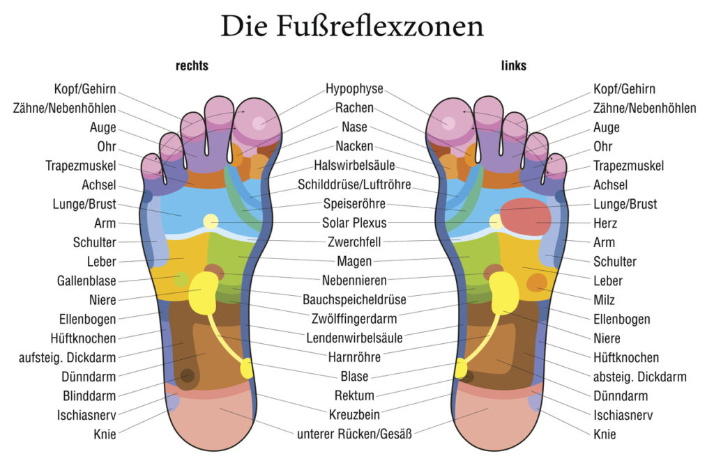 Tabelle mit Füßen, welche die Fußreflexzonen zeigen